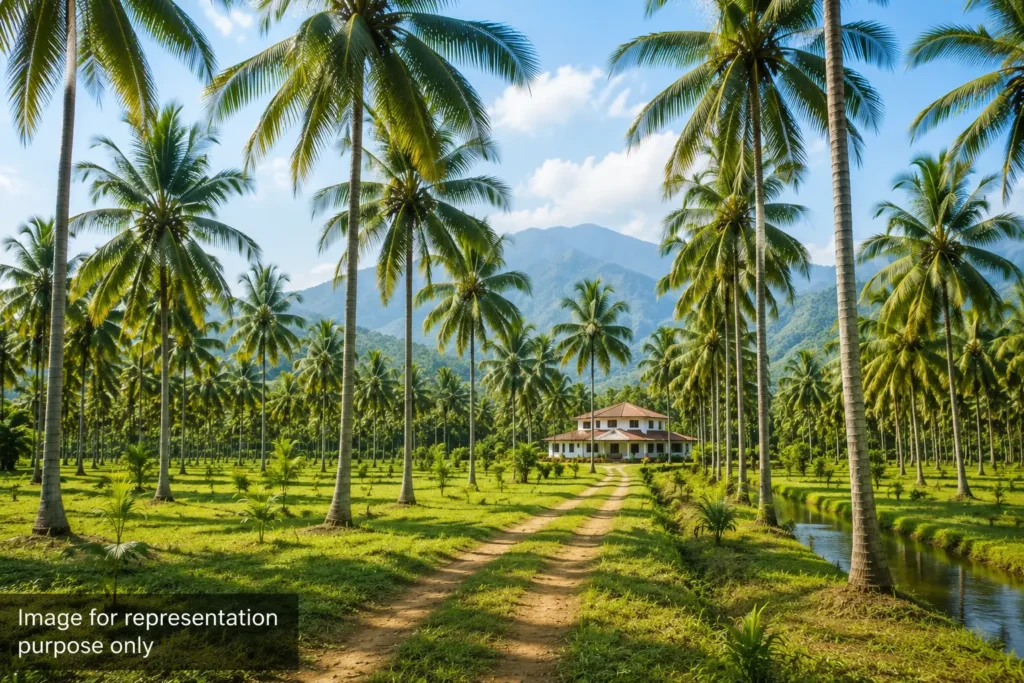 Luxury villa and coconut plantation on prime farmland for sale Pollachi border with mountain backdrop