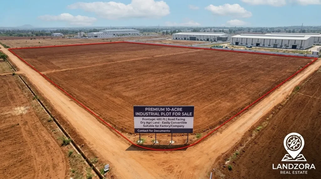 Aerial view of 10 acres of industrial land for sale on Kovilpalayam-Karuvalur road in Coimbatore, featuring 400 ft road frontage, suitable for factories, companies, and logistics. Landzora Real Estate listing.