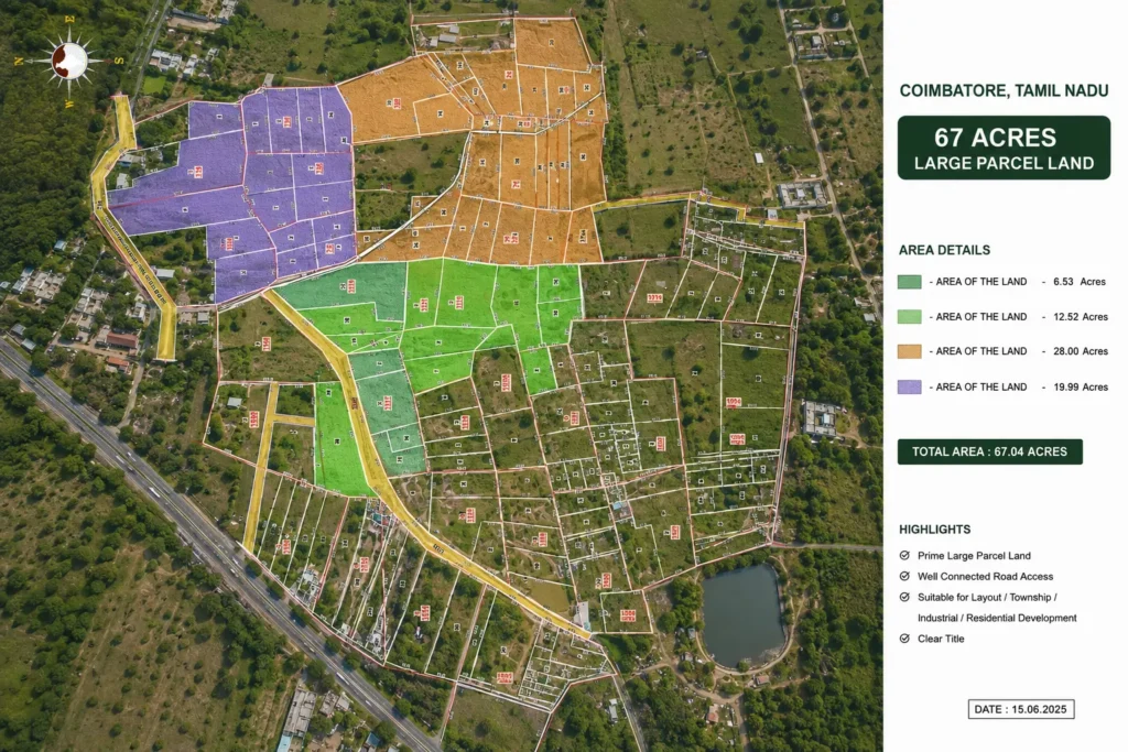 Top view aerial map of a 67-acre Coimbatore large land parcel located near Kalapatti and Vellanaipatti, showing survey boundaries, access roads, land divisions, and development potential.