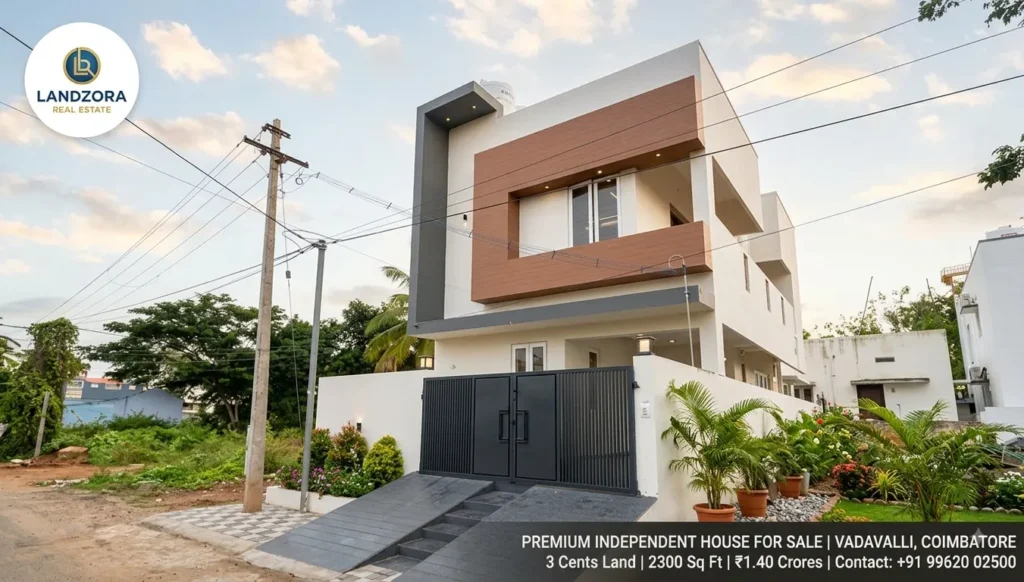 Exterior view of a modern 2,300 sq ft 3 BHK duplex house for sale in Vadavalli, Coimbatore, built on 3 cents of land.