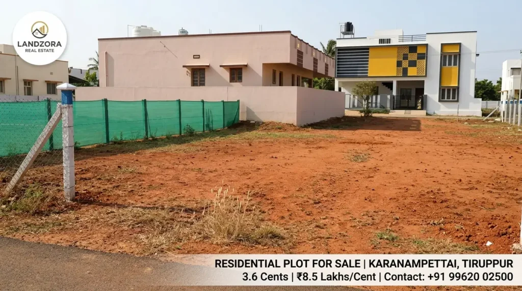 A clear, on-site photograph of the 3.6 cent residential plot in Karanampettai, Tiruppur, showing the level land layout and adjacent modern houses ready for construction.