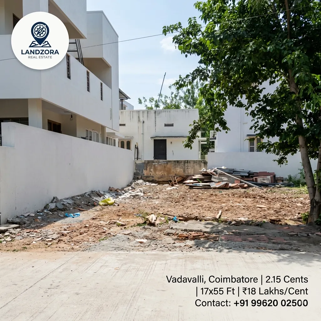 A clean, on-site photograph of the 2.15 cent residential plot in Vadavalli, Coimbatore, showcasing the dimensions and immediate surroundings for construction.