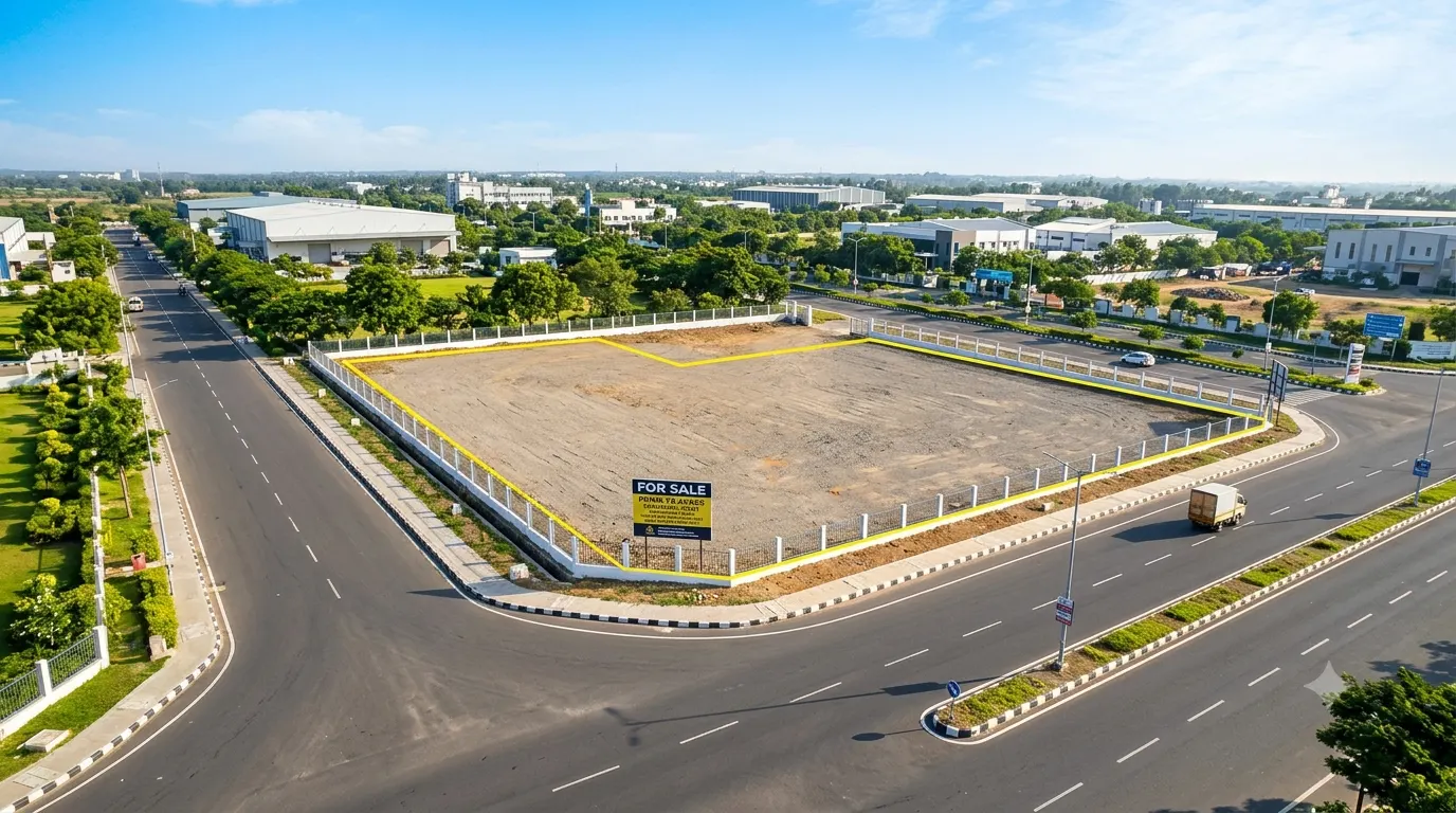 1.8 acre corner industrial plot for sale Maraimalai Nagar Chennai with 100ft dual road access
