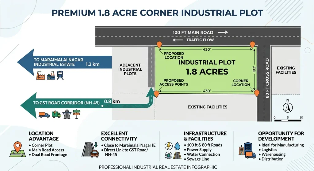 Infographic layout and map highlighting a 1.8-acre corner industrial plot for sale in Maraimalai Nagar Industrial Estate, Chennai with 100 ft main road and 80 ft cross road access.