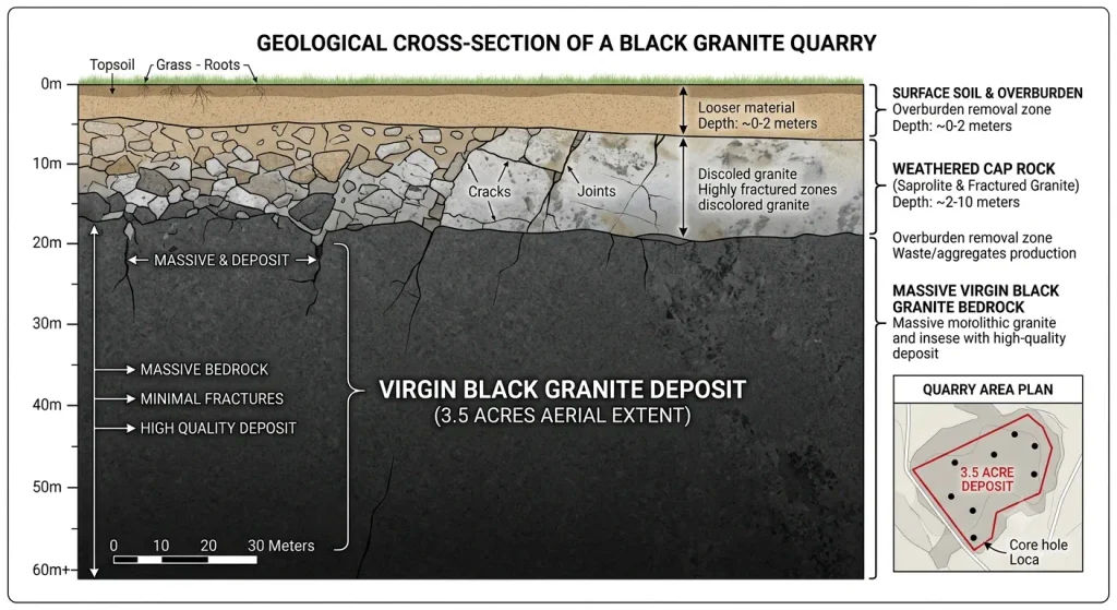 Geological cross-section of 5-acre black granite quarry land for sale in Tamil Nadu showing a 3.5-acre virgin deposit in Perani, Tindivanam.