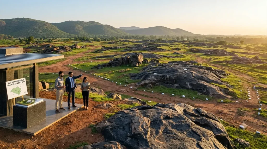 Professional featured image of 5-acre black granite quarry land for sale in Tamil Nadu featuring virgin greenfield deposit terrain.